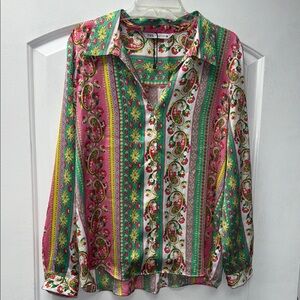 Satin multicolor ZARA never worn button down long sleeve blouse XL
